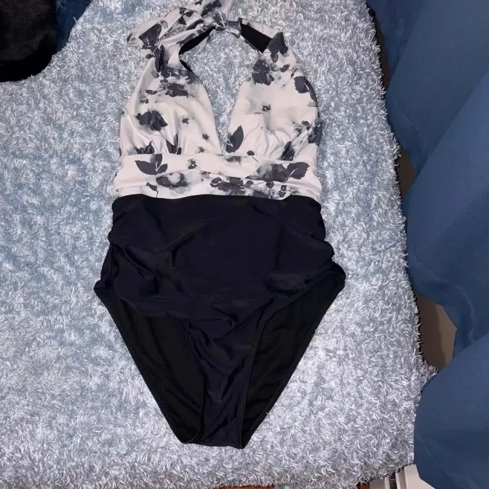 Black and White Floral Halter One Piece Swimsuit